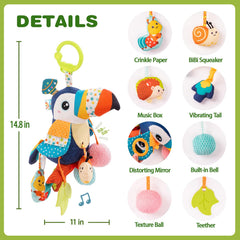 Jollybaby toucan crinkle paper feature enhances auditory curiosity.