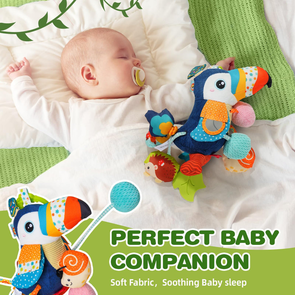 Jollybaby toucan rattle offers gentle sounds during playtime.