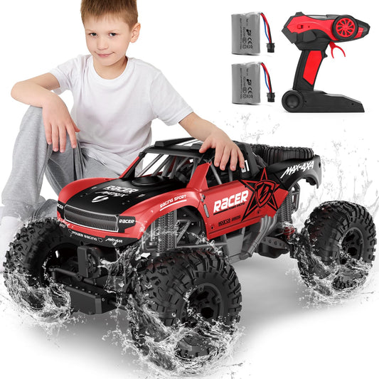JONEALA RC Trucks 4x4 offroad on rugged terrain for controlled traction.
