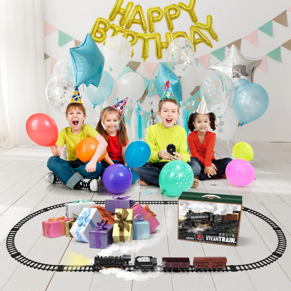 JONEALA train set side view highlights remote control range and user-friendly design.