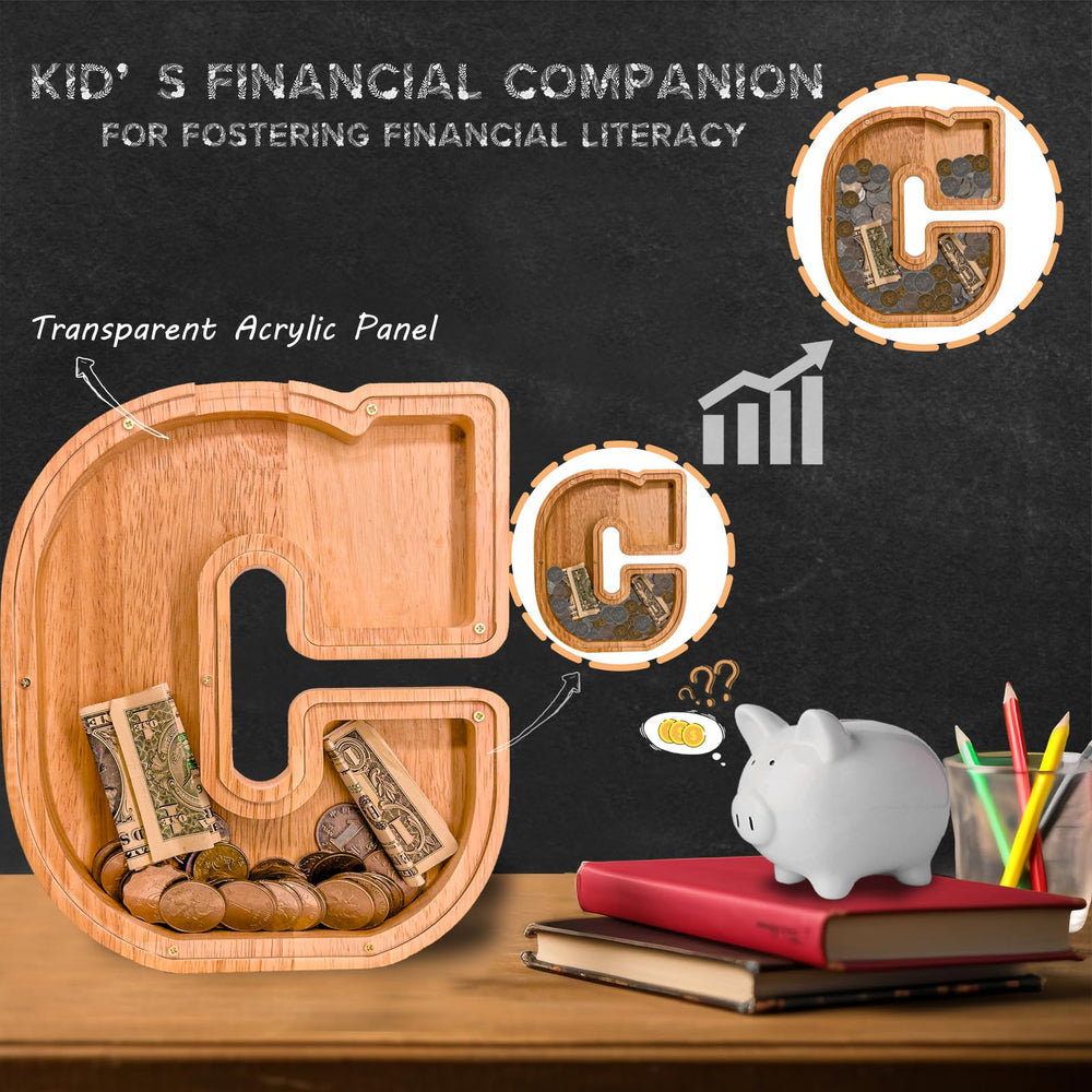 JOOMLAFLY wooden letter piggy bank acrylic panel displaying savings progress