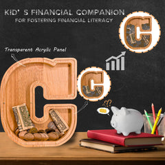 JOOMLAFLY wooden letter piggy bank acrylic panel displaying savings progress
