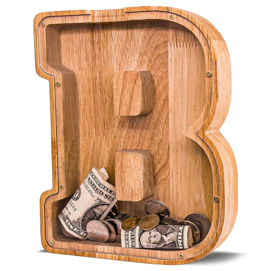 JOOMLAFLY wooden letter piggy bank front view, durable and safe for kids' savings.