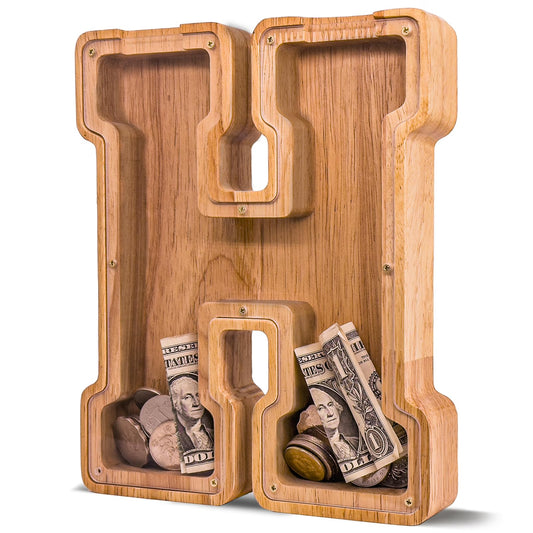 JOOMLAFLY wooden letter piggy bank with natural finish for kid-friendly savings