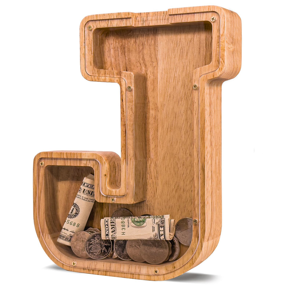 JOOMLAFLY wooden letter piggy bank with natural finish improving savings visibility