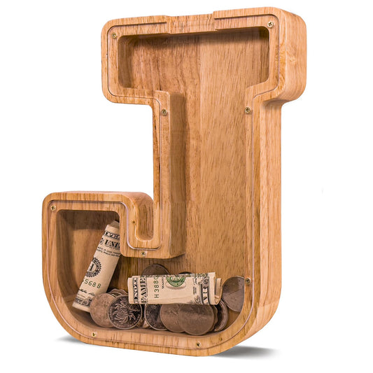 JOOMLAFLY wooden letter piggy bank with natural finish improving savings visibility
