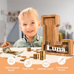 JOOMLAFLY wooden letter piggy bank close up shows smooth finish for safe handling