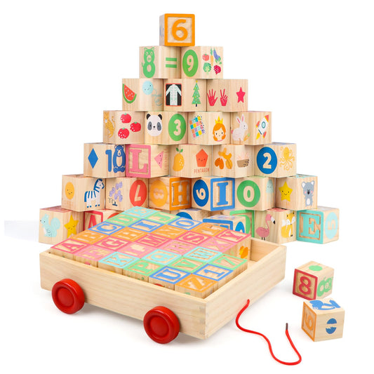 Joqutoys blocks in a pull wagon ready for stacking and playtime.