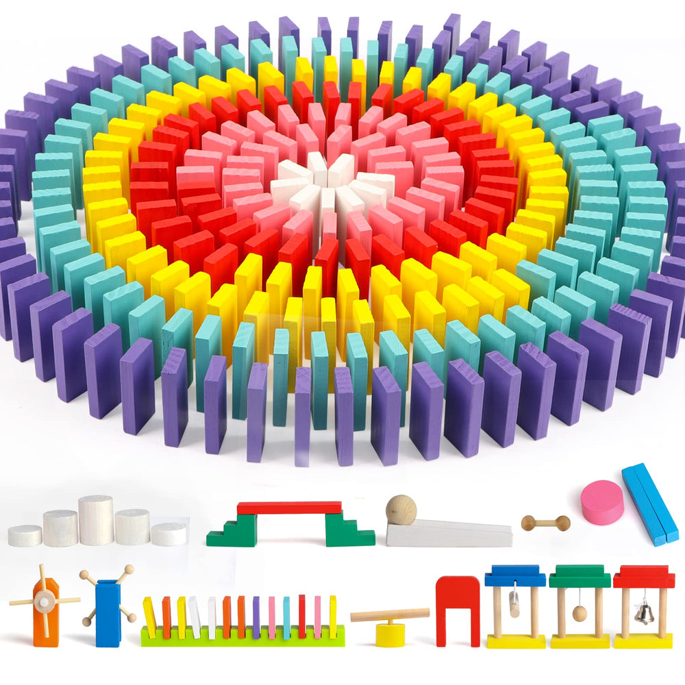 Joqutoys domino set showcasing 600 colorful wooden pieces for creative play