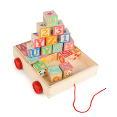 Gift-ready Joqutoys wooden block set in a box with wagon.