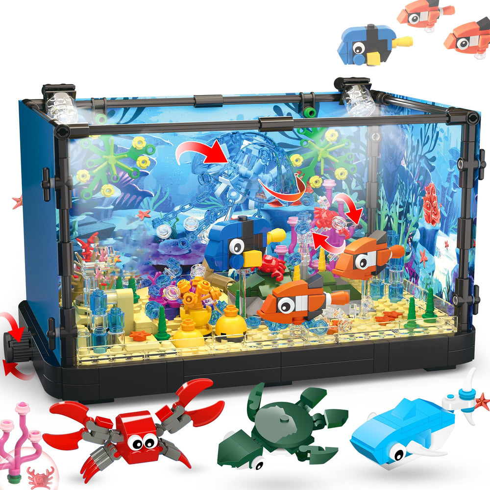 Jorumo fish tank building set with rotatable jellyfish for a dynamic underwater display.