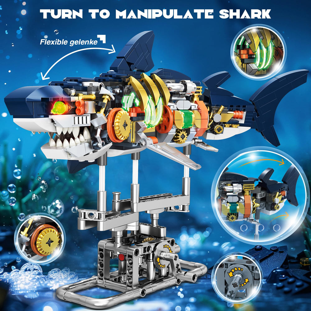 Jorumo shark blocks with rotatable link for dynamic underwater movement.