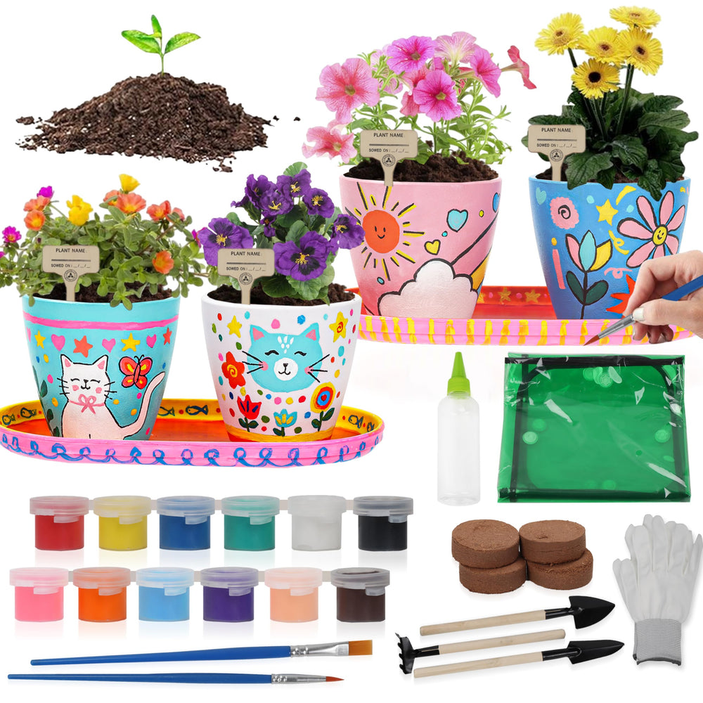 Jouetondream Paint & Plant Kit with four pots for kids garden art projects.