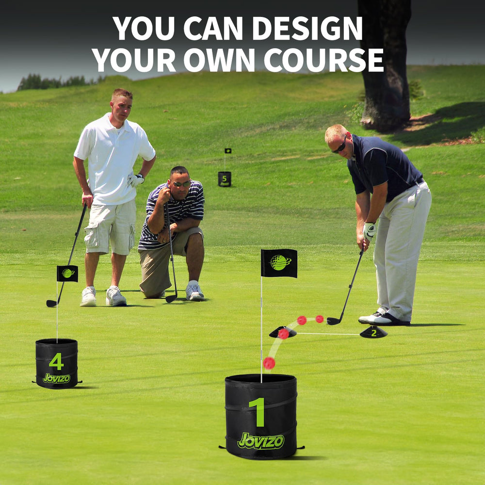 Foldable holes setup on the Jovizo golf course for quick play.