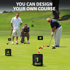 Foldable holes setup on the Jovizo golf course for quick play.