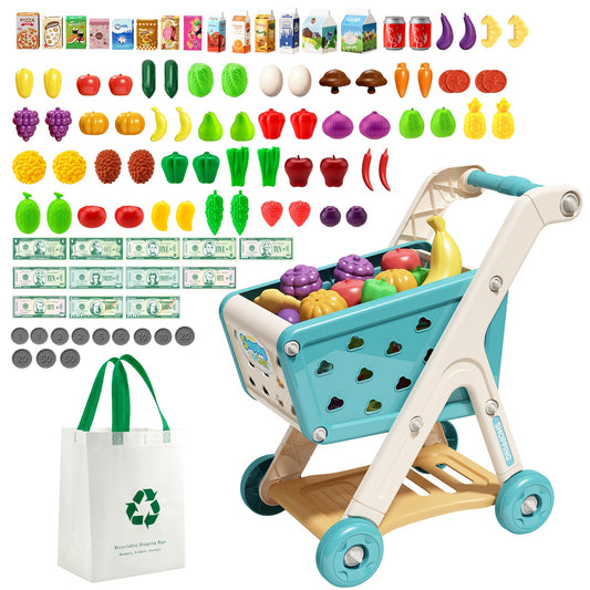 Jovow 102pcs Kids Shopping Cart Play Set front view with colorful fruits