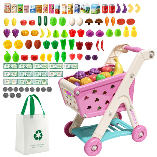 Jovow 102pcs pink shopping cart with assembly parts for quick setup and pretend play.