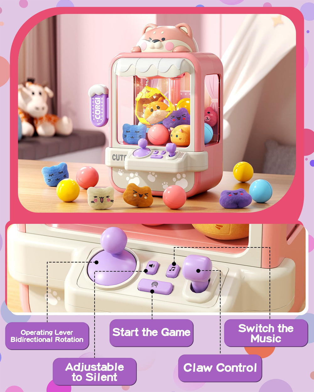 Jovow Claw Machine 360-degree claw action enables easy prize grabbing.