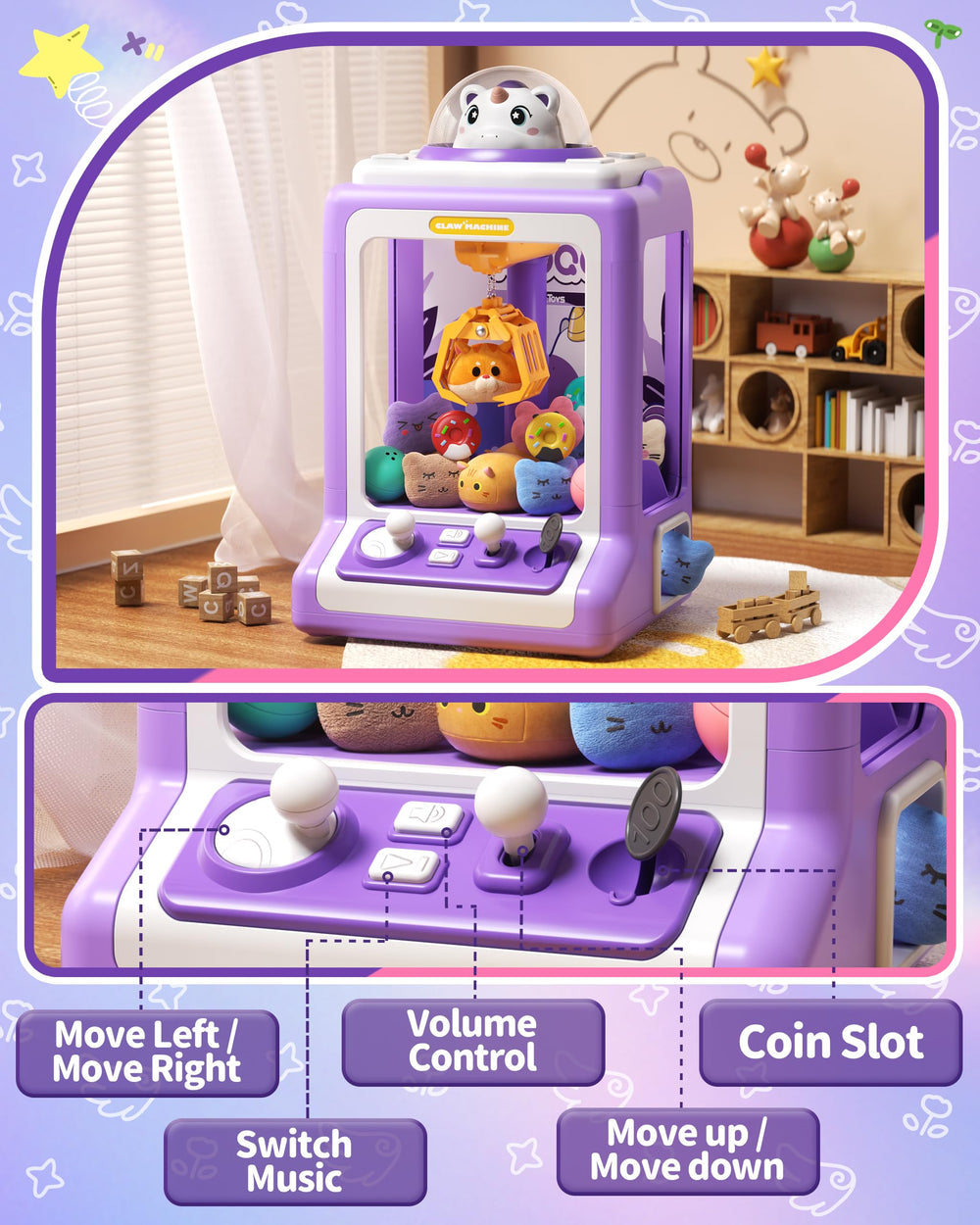Jovow Claw Machine accessories pack image shows plush toys and donuts included
