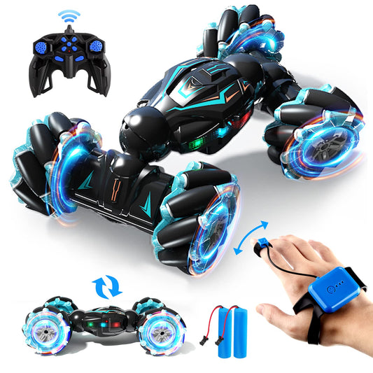 Jovow RC stunt car front view with bright LED lights for dynamic play