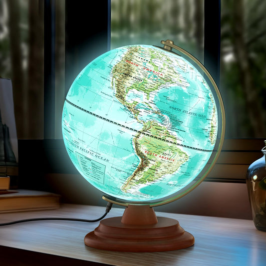 JOWHOL illuminated globe with wooden stand for easy night-time geography learning.