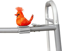 Joy For All Cardinal perched on a walker offering companionship during daily walks