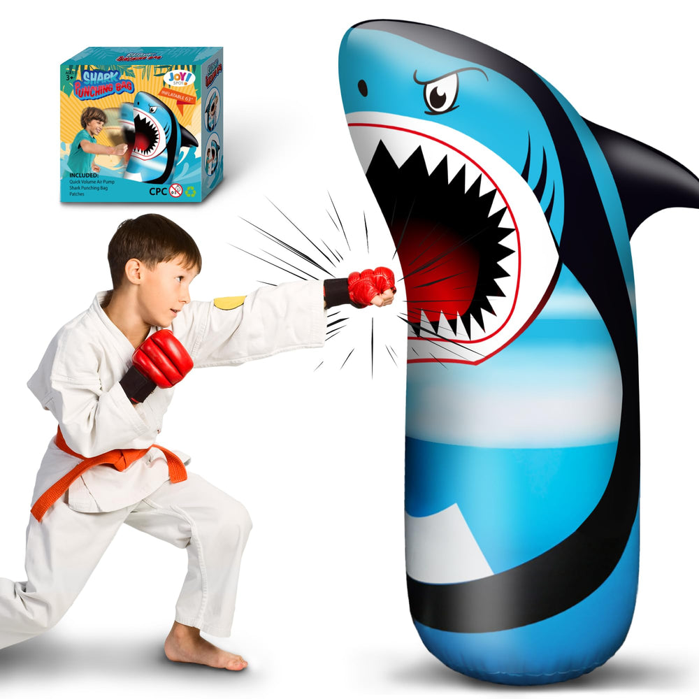 JOY SPOT! 63-inch shark punching bag ready for active play in the playroom.