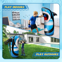JOY SPOT! Central target circle on shark bag boosts boxing focus.