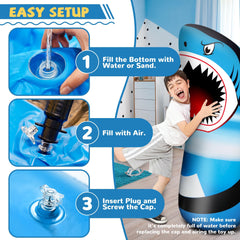 JOY SPOT! Kids playing with shark punching bag in playroom for active fun.