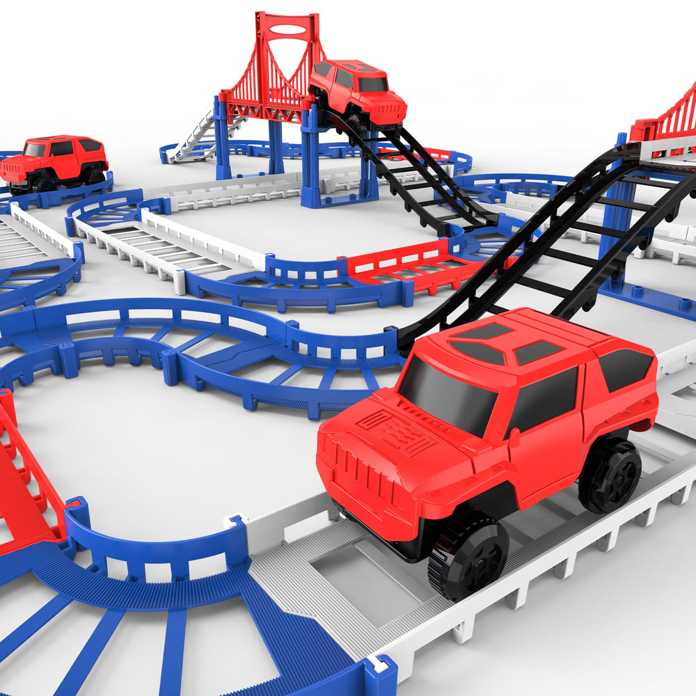 JOYBLI red battery-powered car racing on a vibrant track fuels imaginative play