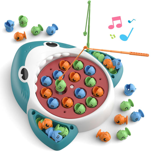 JOYBLI musical shark fishing board top view showing 360 rotation and fish in motion