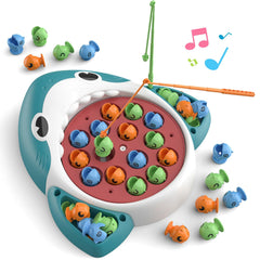 JOYBLI musical shark fishing board top view showing 360 rotation and fish in motion