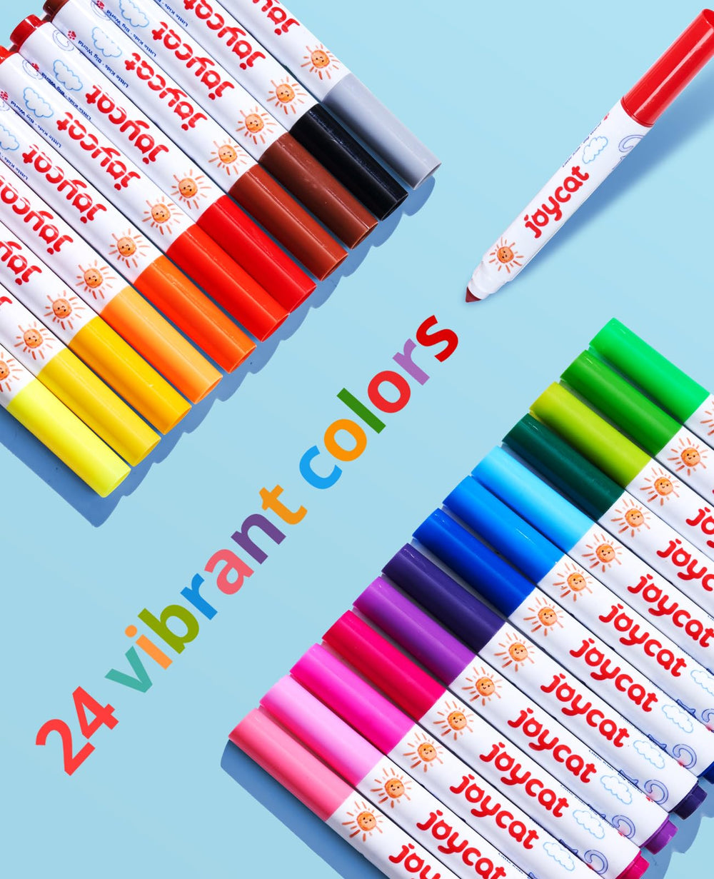 JoyCat 24-color washable markers show vibrant tones for creative projects.
