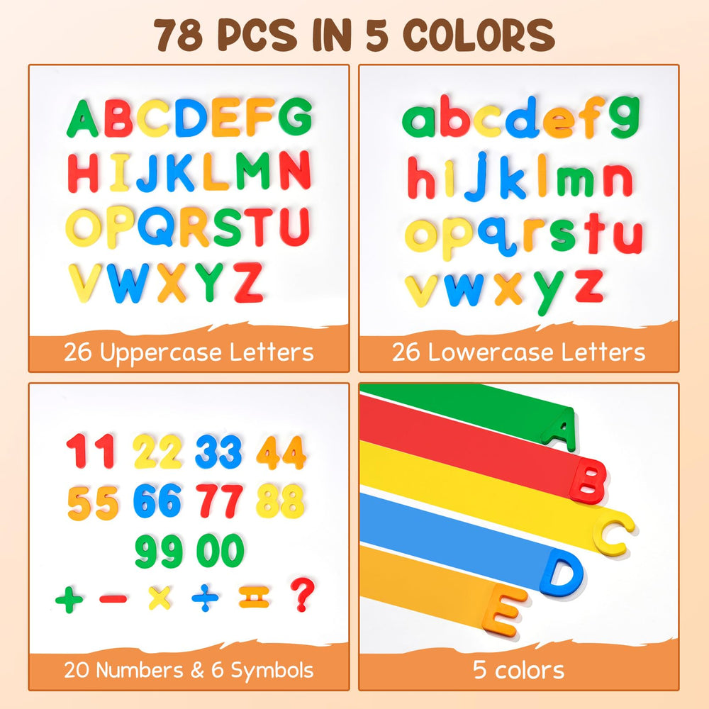 JoyCat 78-piece set on a fridge boosts spelling and counting practice.
