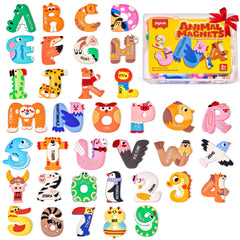 JoyCat animal alphabet magnets on fridge offer engaging early literacy play.