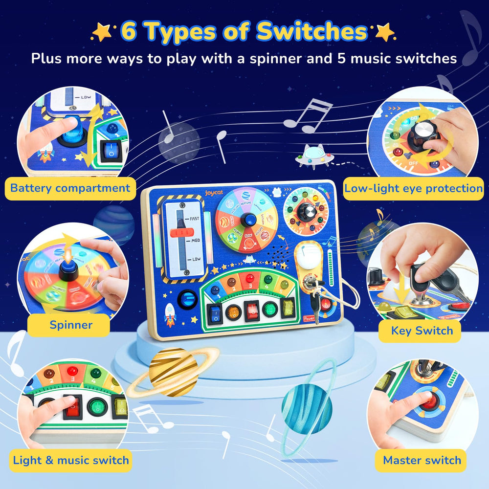 JoyCat Busy Board bright LED lights provide engaging sensory cues.