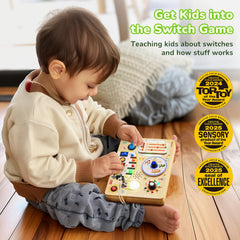 JoyCat Busy Board LED lights for engaging visual feedback during play.