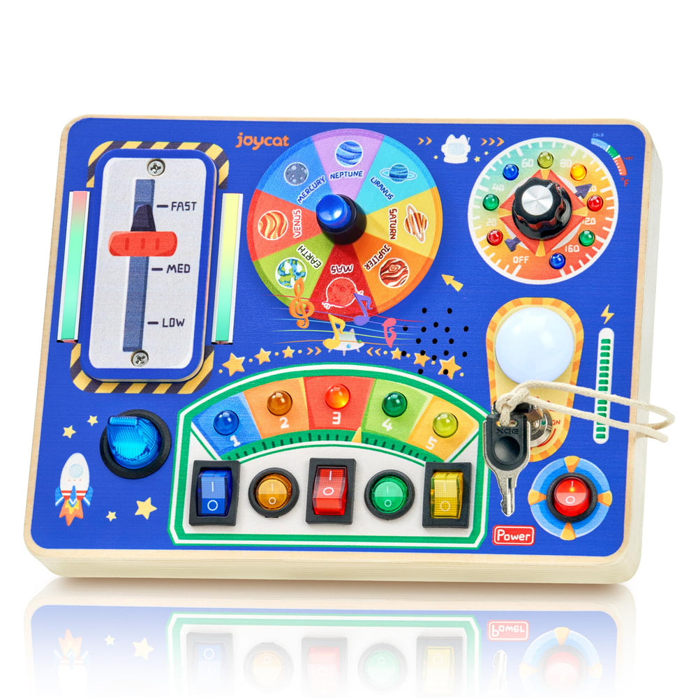 JoyCat Busy Board LED switches support tactile and visual learning.
