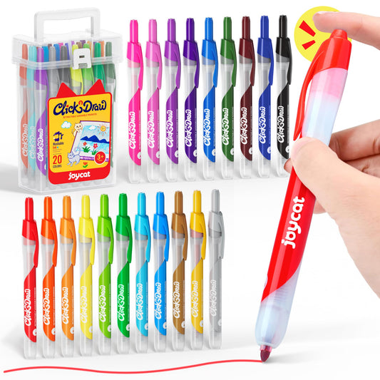 JoyCat Click & Draw markers in a 20-color set with retractable tips for mess-free coloring.
