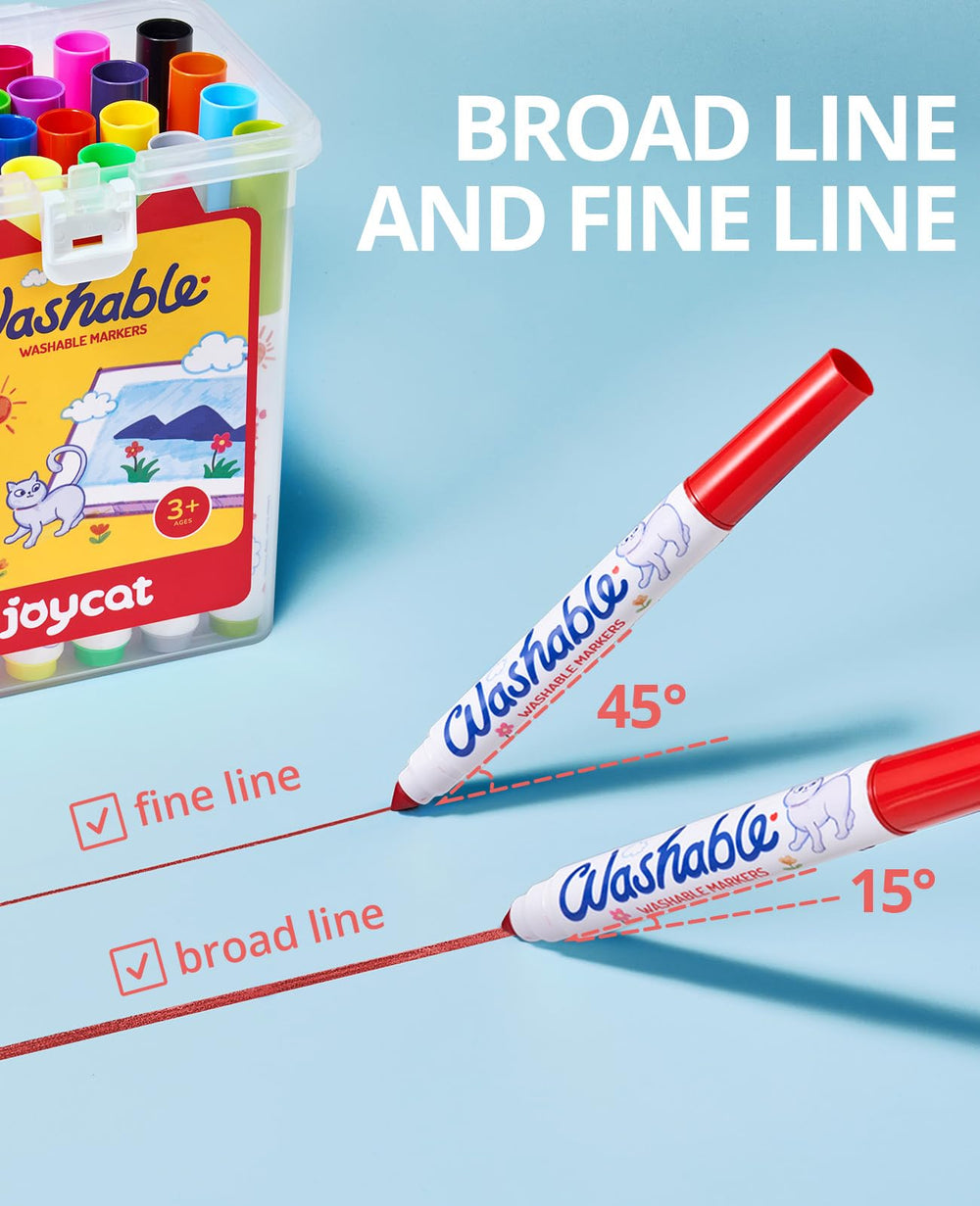JoyCat conical-tip markers enable broad and fine lines for versatile drawing.