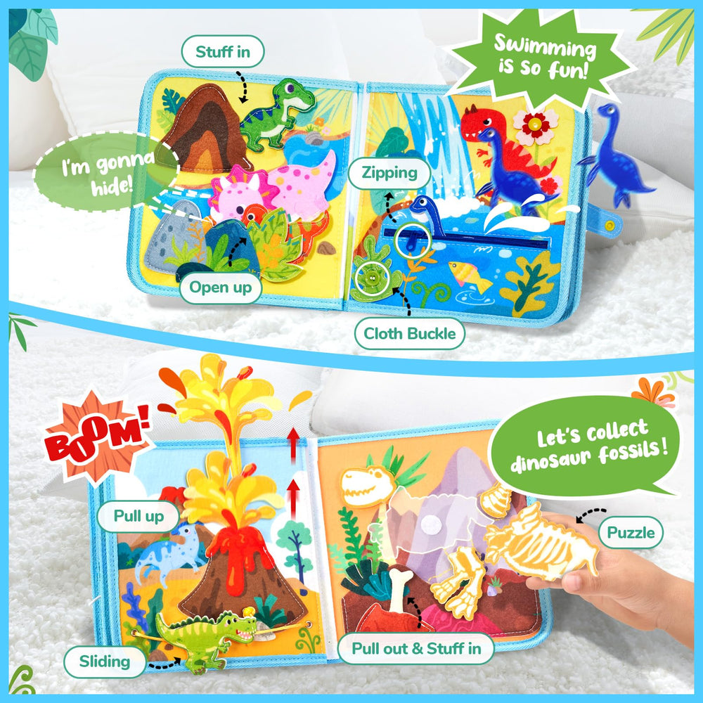 JoyCat dinosaur busy book with buttons and snaps for dressing practice