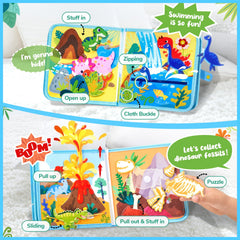 JoyCat dinosaur busy book with buttons and snaps for dressing practice