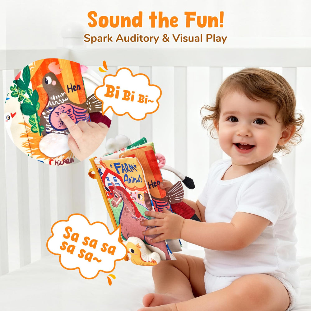 JoyCat Farm Baby Book squeaker adds playful surprise during quiet playtime.