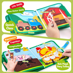 JoyCat Farm Busy Book buttons-snapping highlights hand-eye coordination during real-life dressing tasks