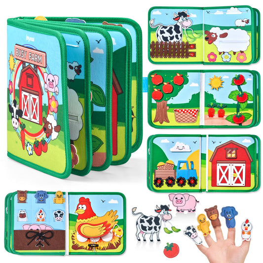 JoyCat Farm Busy Book cover shows colorful farm art and durable felt for toddlers