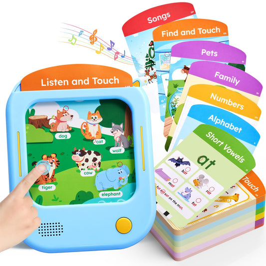 JoyCat Kids Learning Tablet card-slot demonstrates phonics through tap-to-hear flash cards