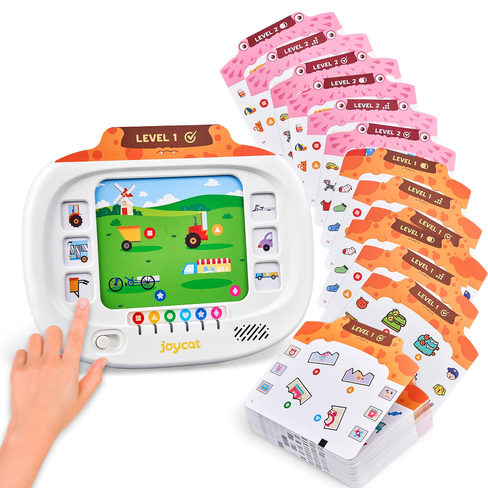 JoyCat Kids Logic Tablet front view with flash cards for screen-free learning.