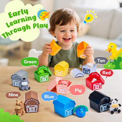 JoyCat Farm Animals Box numbered barns — Montessori-inspired counting and color matching.