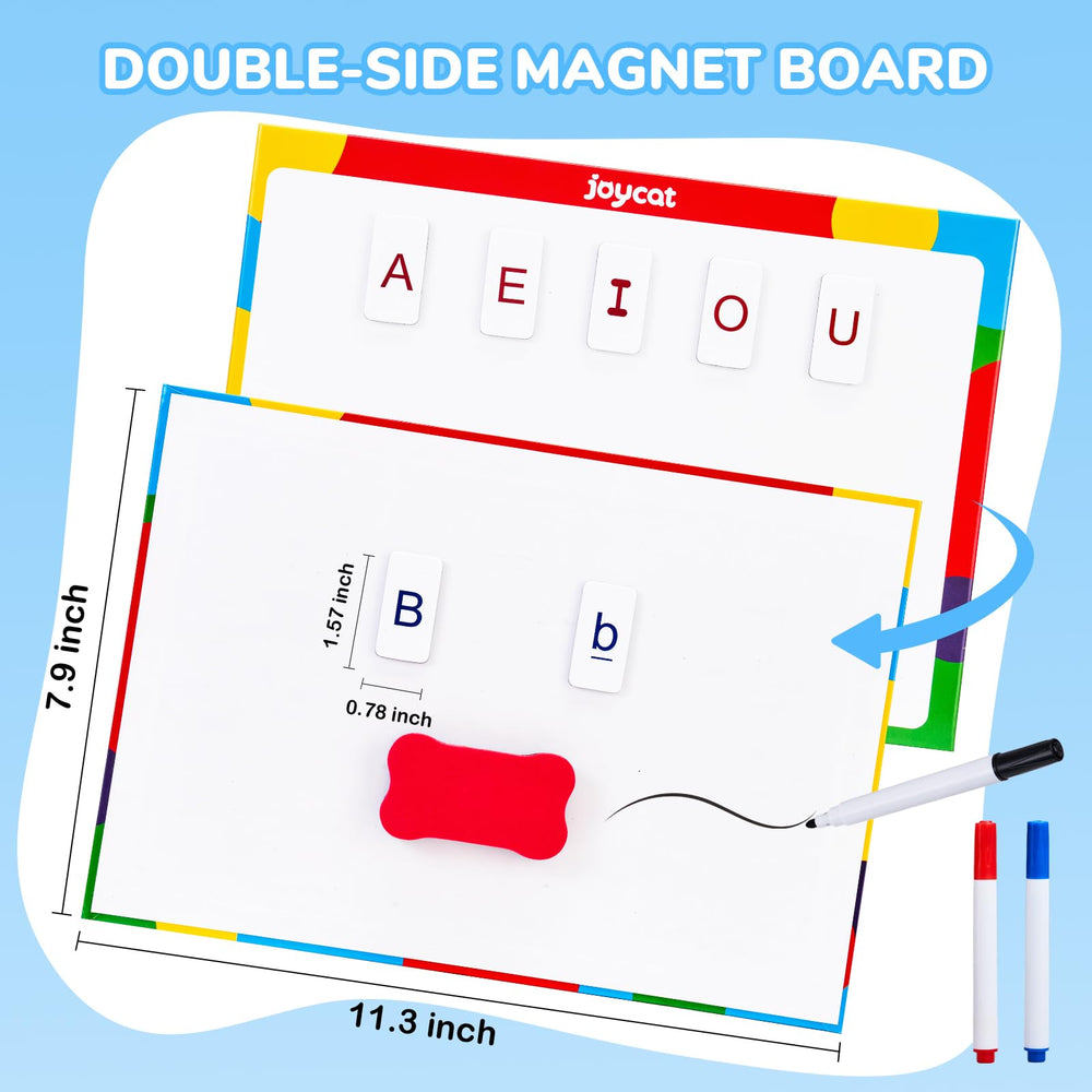 JoyCat magnetic board with tiles supports hands-on spelling sessions.