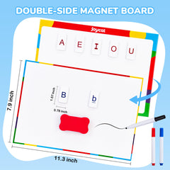 JoyCat magnetic board with tiles supports hands-on spelling sessions.